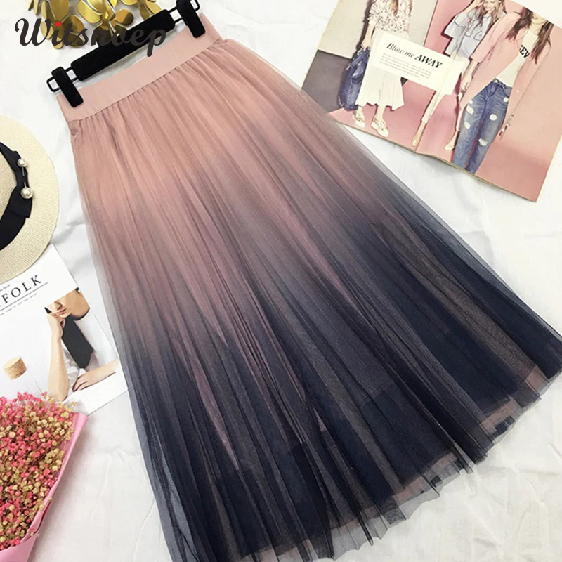 

New Gradient Color Tulle Skirt Women 2018 Summer High Waist Pleated Long Skirt Female A-line White Pink Tutu School Skirt Sun