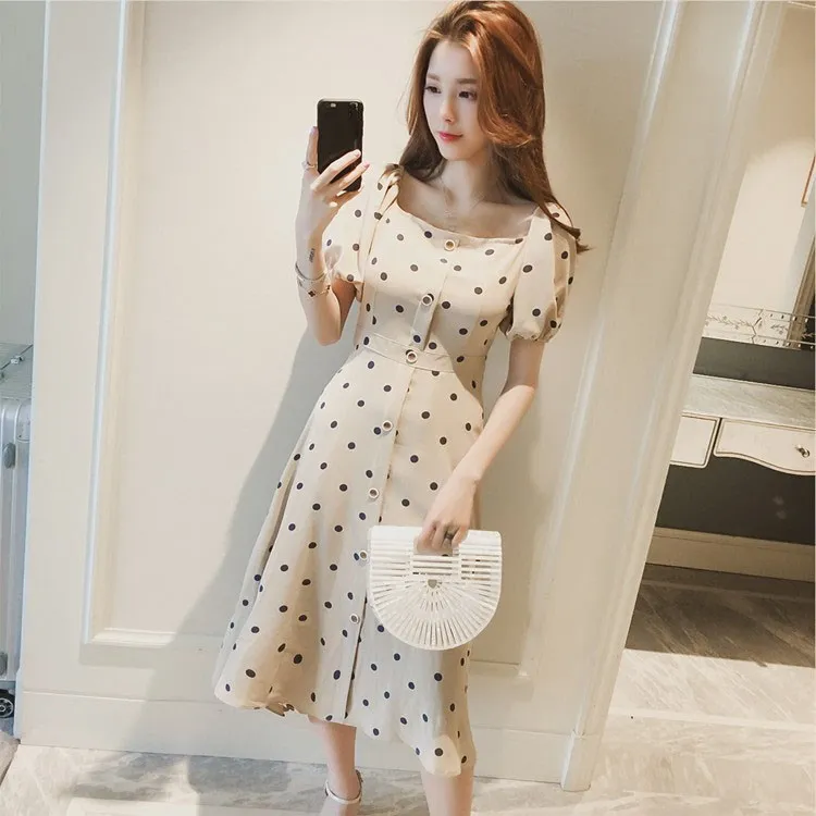 

2019 Women Vintage Polka Dot Dress Button Up Puff Sleeve Square Collar High Waist Long Dress Summer Holiday Dress