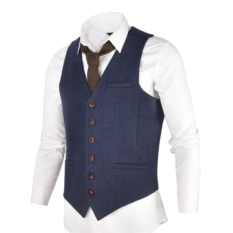 

VOBOOM Blue Tweed Mens Vest Suit Modern Fit Wool Blend Single Breasted Herringbone Waistcoat Men Waist Coat for Man 007