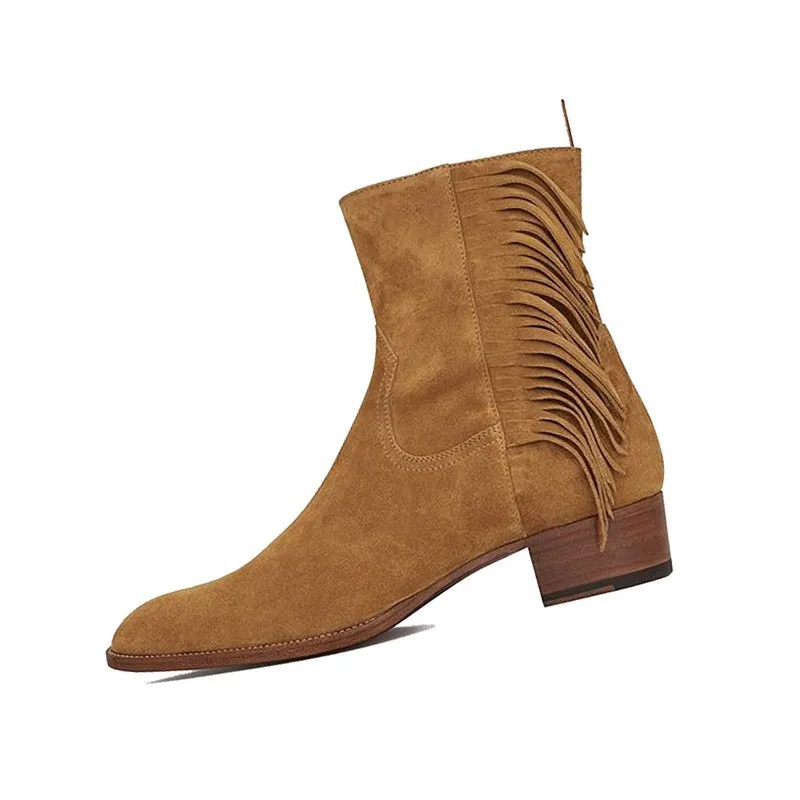 Martin Knöchel Rindsleder Echt Auf Winter Wildleder Leder Runway Reiten Chelsea Mens Stiefel Block Quasten Brown Heels Schuhe Slip RwBqW6a