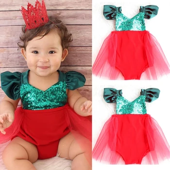

Christmas Baby Girl Tulle Sequined Bling Bodysuit Dress Babies Girls Backless Cross Strap Jumpsuit Sunsuit Outfits Costume 0-36M