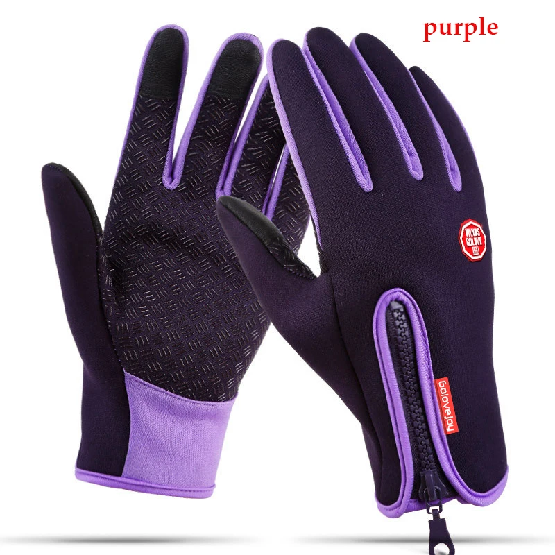 Уличные спортивные походные зимние велосипедные перчатки для мужчин и женщин с сенсорным экраном, ветрозащитные мягкие тёплые перчатки из искусственной кожи - Цвет: Purple