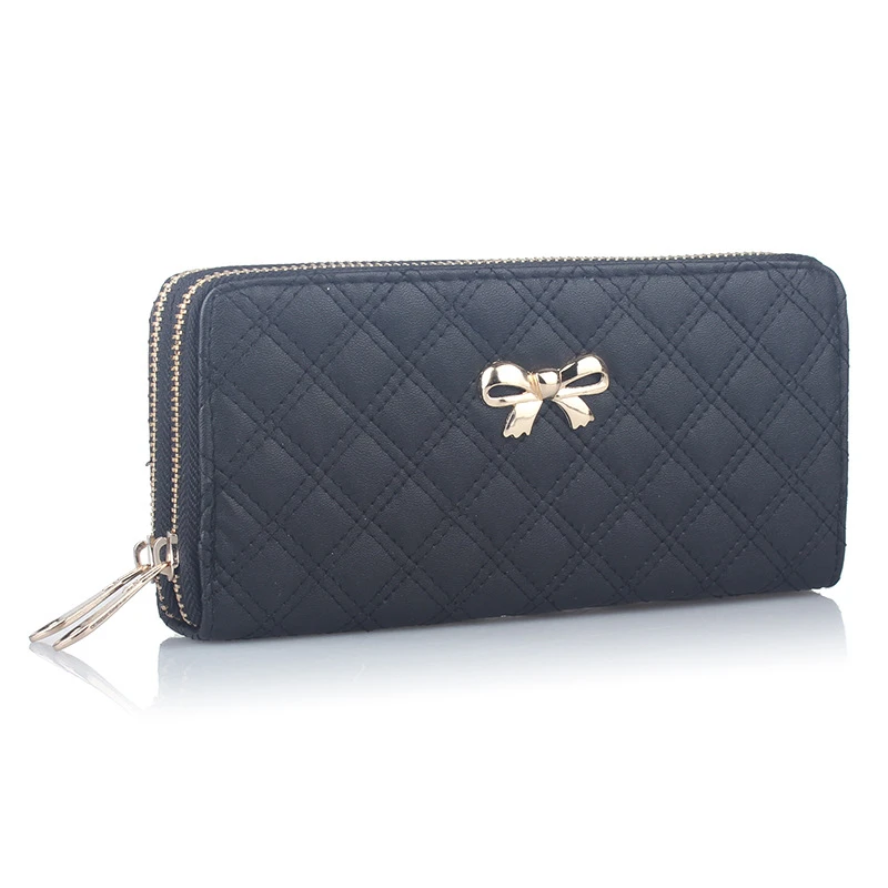2017 Fashion Women Bowknot Plaid Long Double Zip Clutch Leather Wallet Purse Coin Card Bag High Quality Free Shipping N526