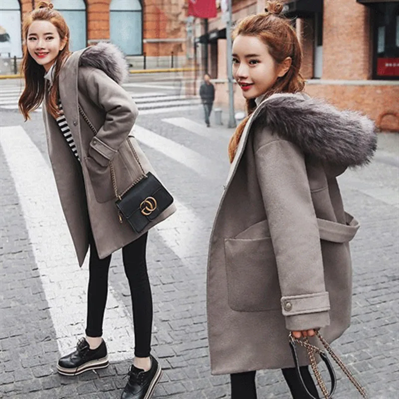 Camel gray Новые осенне-зимние женские пальто Vestidos размера плюс, повседневные, свободные, одноцветные, с капюшоном, шерстяные пальто для женщин, большая верхняя одежда - Цвет: Camel gray