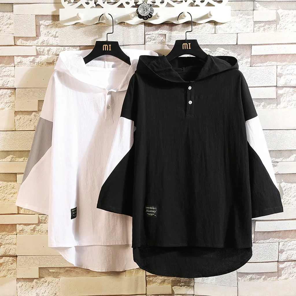 

2019 New Stylish Clothing Men's Casual Patchwork Hoodie Cotton Linen Three Quarter Sleeve T-Shirt Tops Herrenmode Kurzarm Top