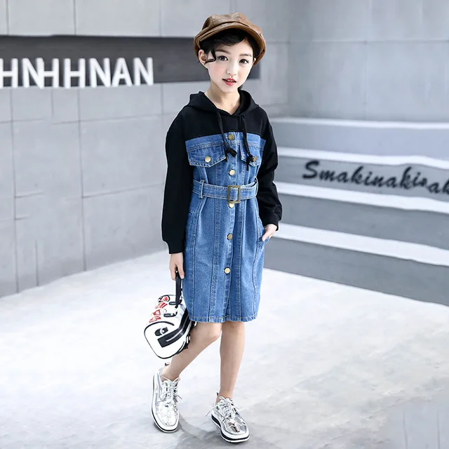 Novedad de 2018! Vestidos casuales para niñas, moda Primavera Otoño, ropa de manga larga para niños, Vestido vaquero con capucha para adolescentes para 14 años - AliExpress