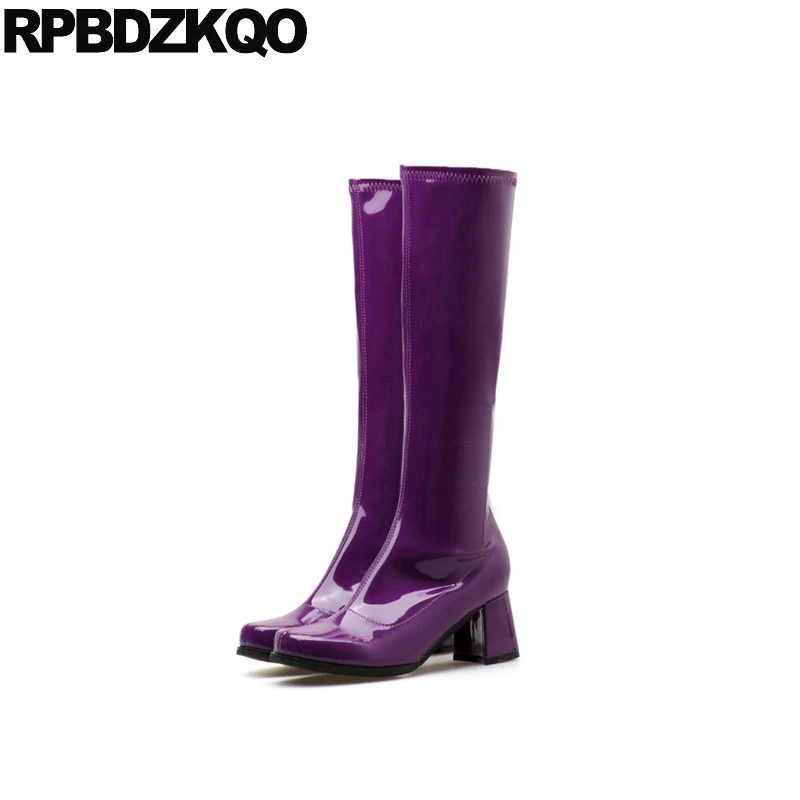 Herbst Frauen purpurrot Stiefel Kalb Wasserdichte Lila blau Patent Runde Leder Heel Knie Winter Fell Lange Chunky Trend Kappe Schuhe Breite High Schwarzes Damen Zf6pBZqr