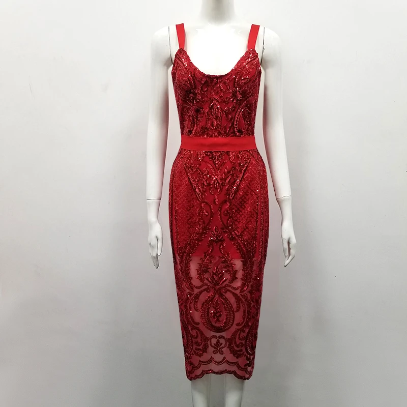 Новое летнее сексуальное красное зеленое платье-повязка до колена с блестками дизайнерское модное вечернее платье Vestido