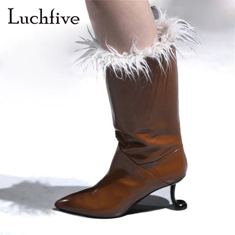 

Strange heels wool shoes woman genuine leather sexy pointy toe short boots grey brown fashion slip on winter boots women