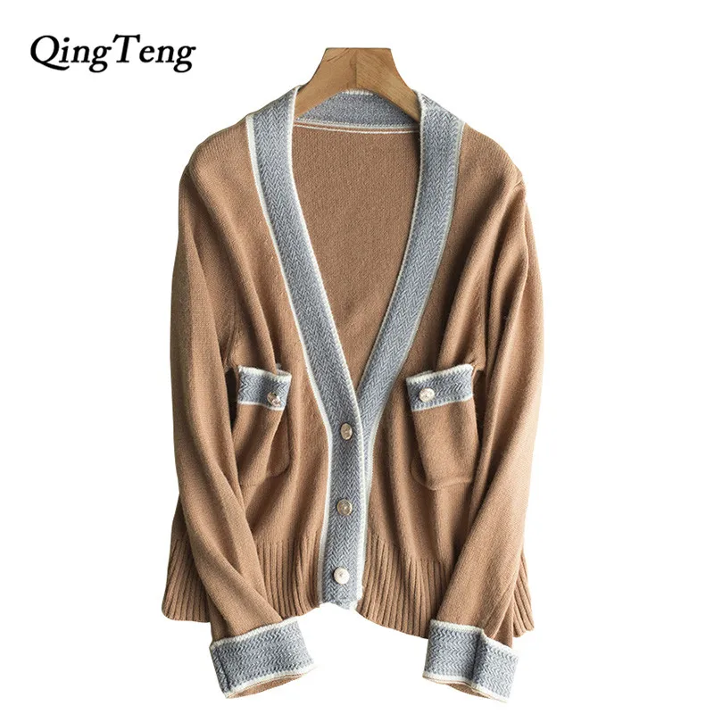 QingTeng-Warm-Coat-Cardigan-Female-Knitted-Long-Sleeve-V-neck-Stripe