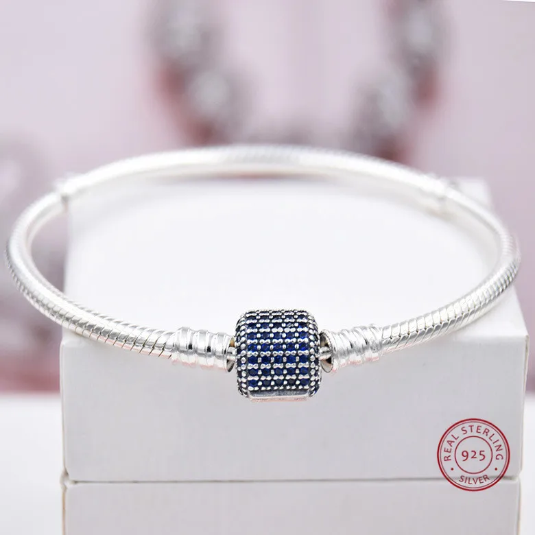 

100% 925 Sterling Silver Snake Chain Bracelet Square Zircon Buckle Fit Original pan Charm Women Fine Jewelry Gift Pulseira