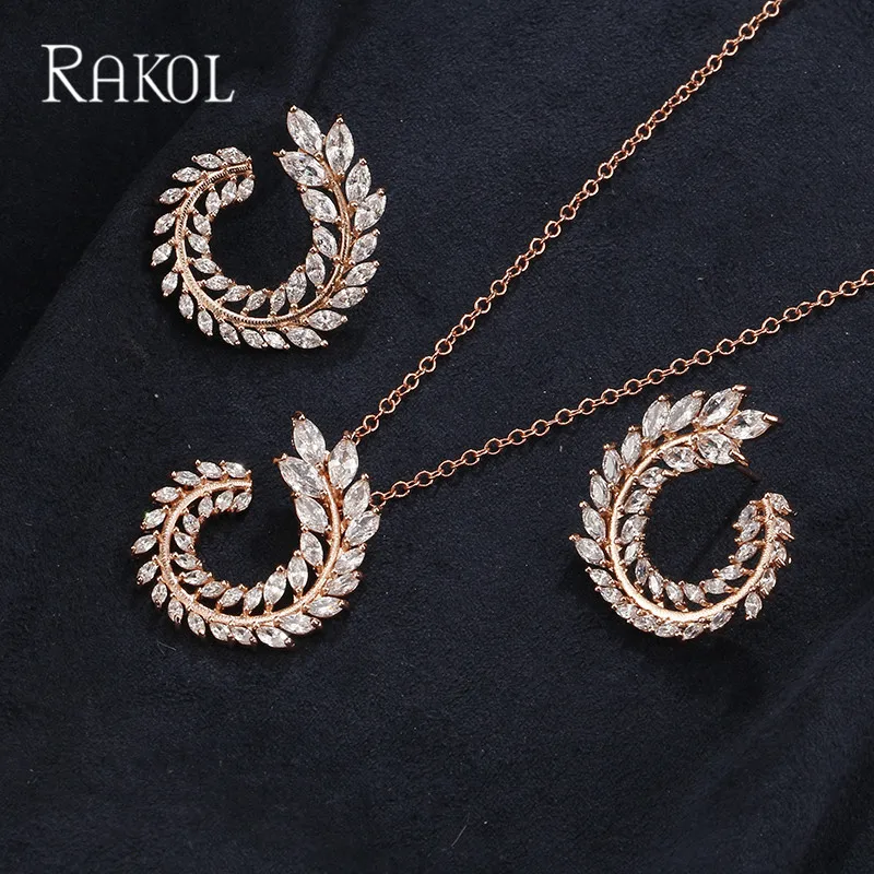 

RAKOL New Luxury AAA Zircon Olive Branch Shape Pendant Set For Women Fashion White Rose Gold Color Wedding Jewelry Set For Party