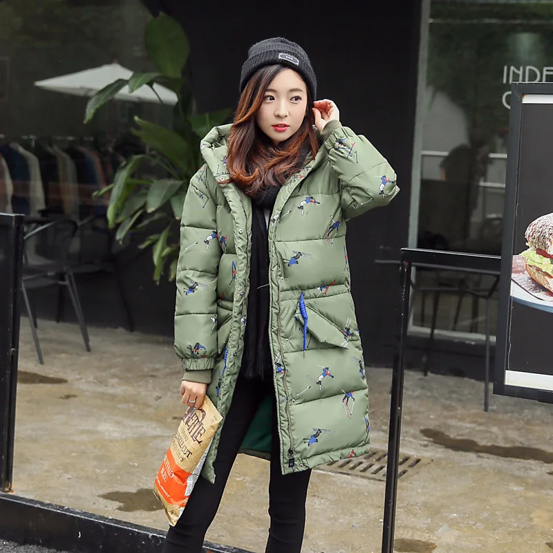 Winter Women Coat Fashion Hooded Military Long Down Cotton Woman Coat Printed Long Sleeve Women Padded