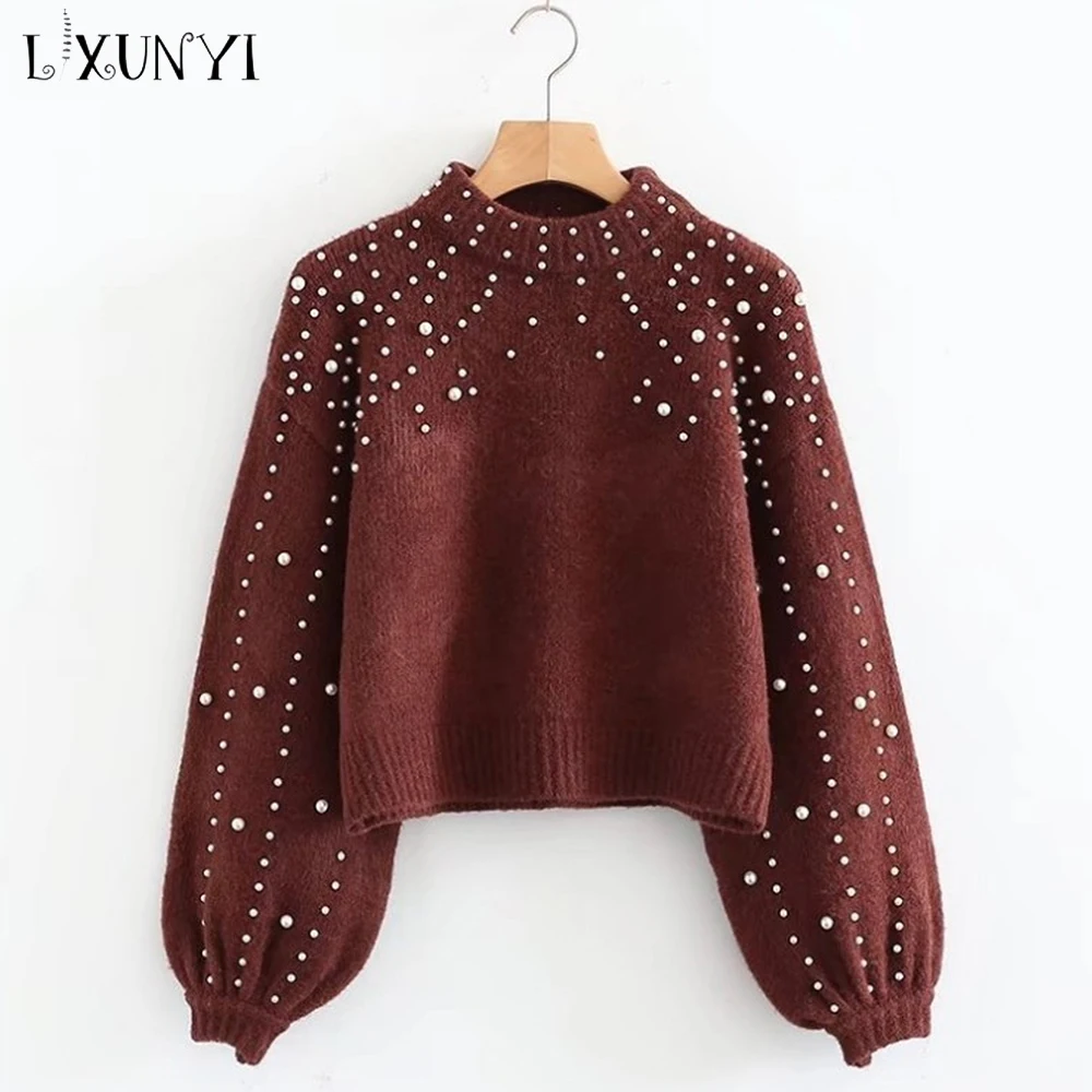 LXUNYI 2019 Autumn Fashion Ladies Beaded Sweater Pullover Lantern Sleeve Womens Pearl Beading Solid Casual Knitwear Top | Женская одежда