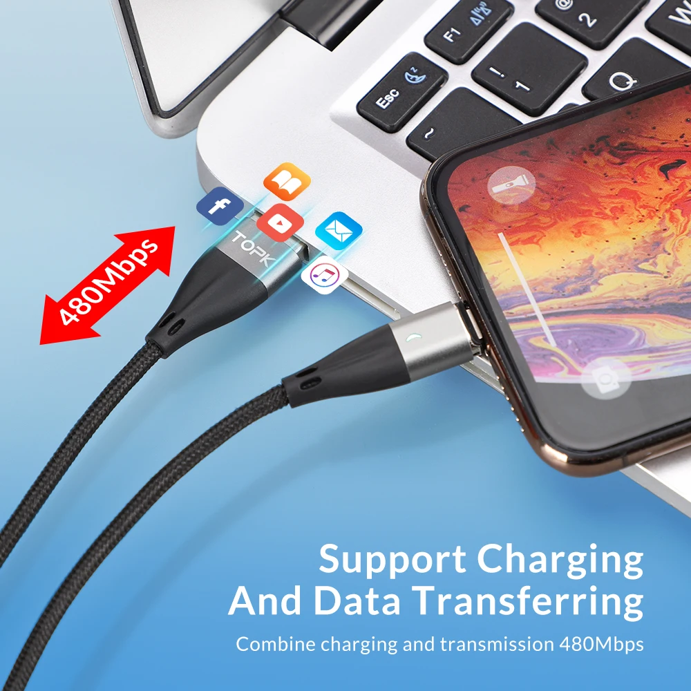  TOPK AM61 3AMagnetic USB Ladekabel Nylon Weben Micro USB Kabel QC3.0 USB Typ C Kabel für iPhone Sam