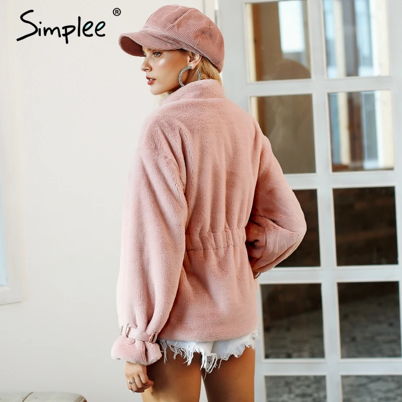 Simplee Elegant faux fur coat women 2018 Autumn winter warm soft zipper fluffy fur jacket Female fashion pink furry overcoat