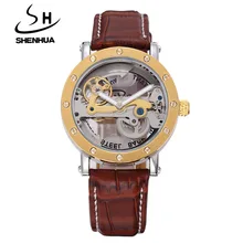 SHENHUA Steampunk Transparent Skeleton Crystal Flywheel Automatic Leather Strap Dress Men Mechanical Watch relogio masculino ik