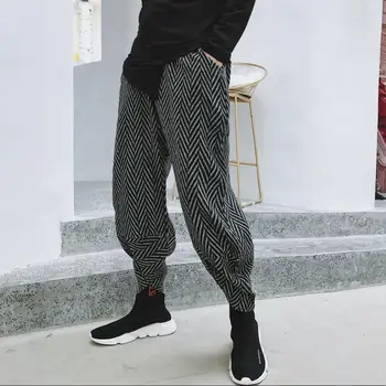 

New ! Autumn And Winter Stripe Pattern Thickening Material Harem Pants Men's Loose Feet Nine Pants Trend Beam Feet Casual Pants