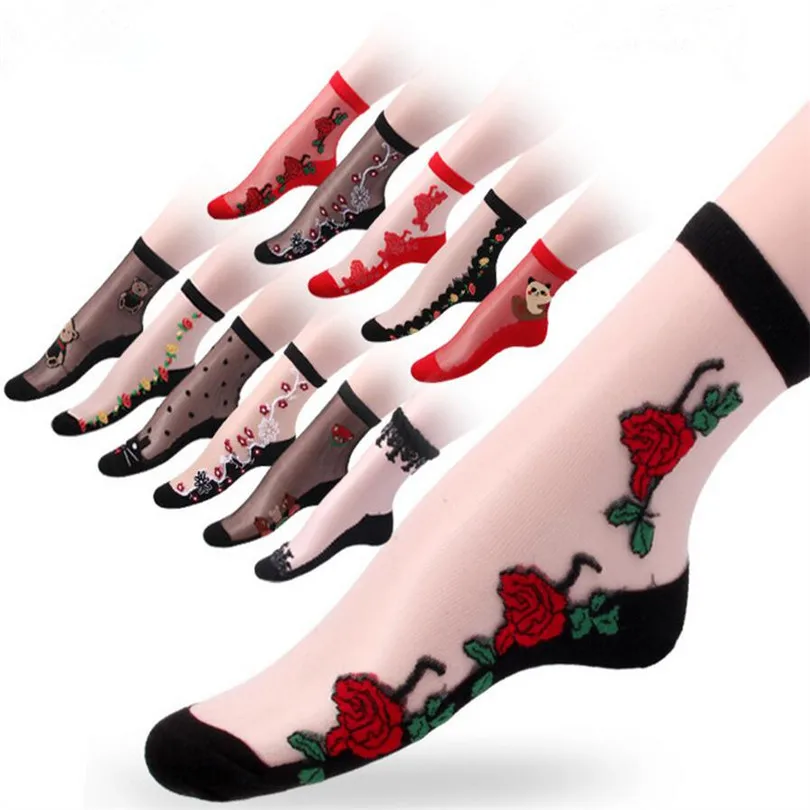 

YRRETY Fashion Thin Section Cotton Bottom Women Summer Lace Short Socks Female Non-slip Crystal Glass Transparent Style Sock