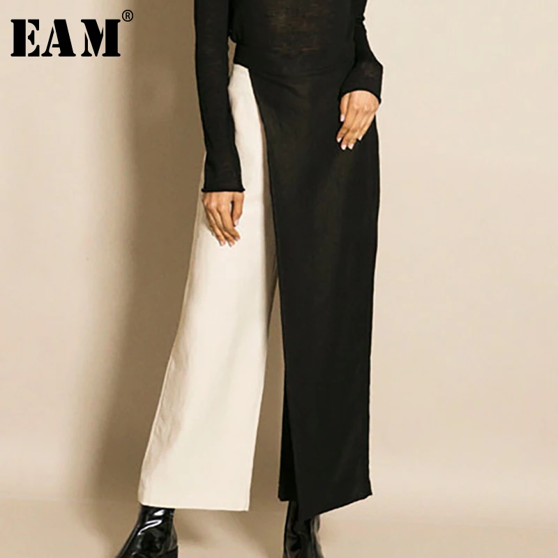 

[EAM] New Spring 2019 Fashion Contrast Color Asymmetry Loose Split Joint Ankle-length Wide Leg Pants Women Tide QE2