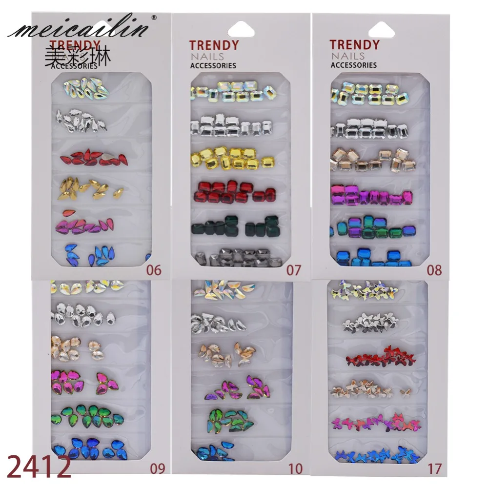 1 упаковка 60 шт Разноцветные Алмазные Блестящие Стразы для ногтей смешанные плоские стеклянные кристаллы 3D украшения ногтей амулеты набор инструментов