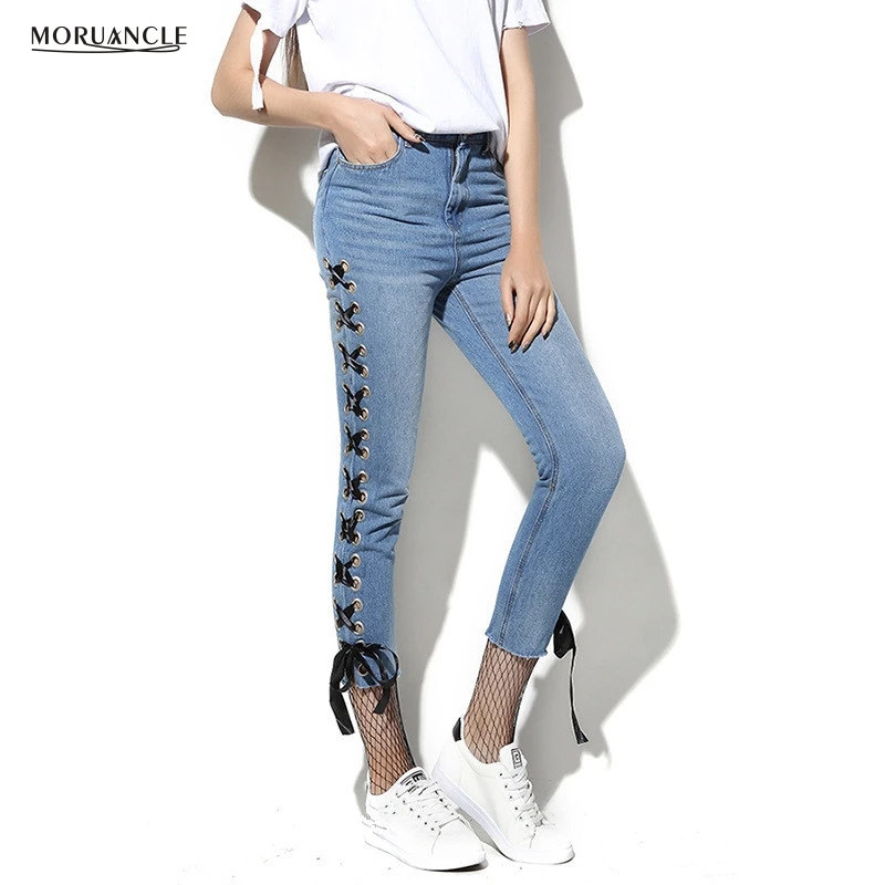 

MORUANCLE Fashion Womens Lace Up Denim Pants Skinny Pencil Jeans Trousers For Ladies Hollow Out Ankle Length Slim Fit Size S-L