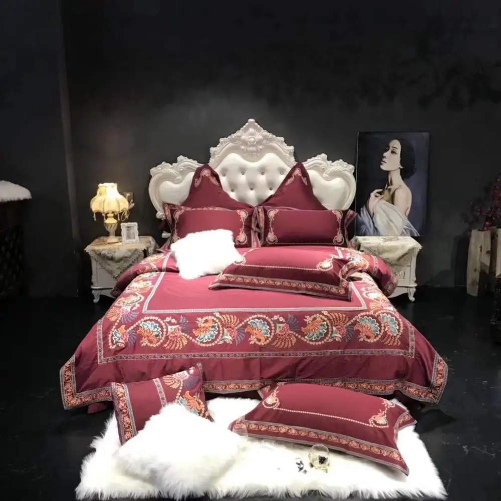 

Luxury 1000TC Egyptian Cotton Royal Embroidery European Palace Bedding Set Dark Red Duvet Cover Bed Linen Bed sheet Pillowcases