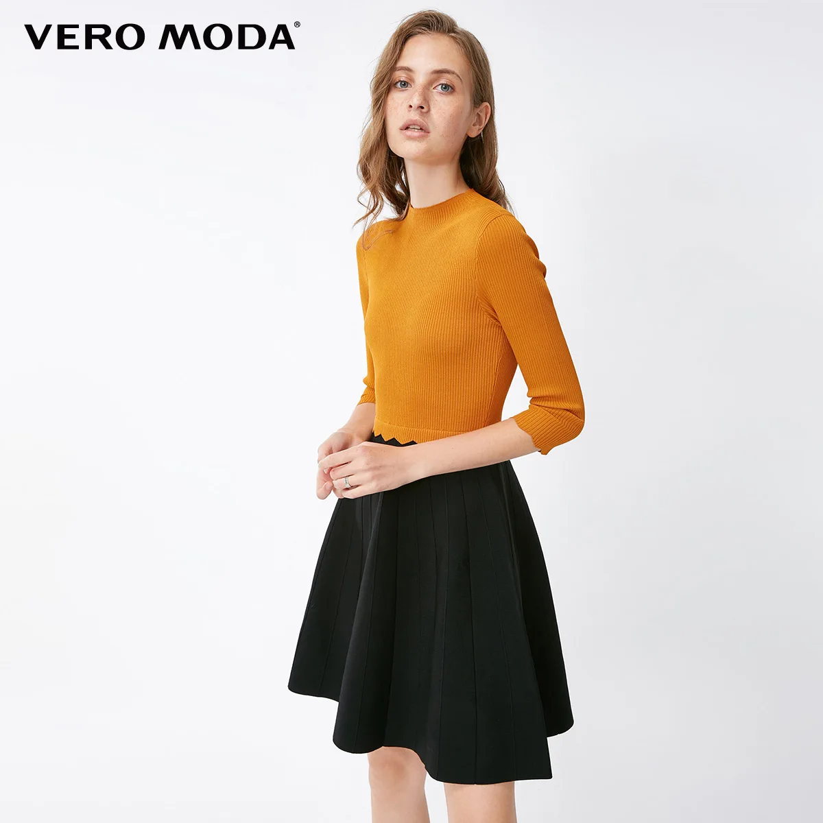 Vero Moda новые женские сплайсированные круглый вырез 3/4 рукава платье | 318346520 - Цвет: Monk yellow