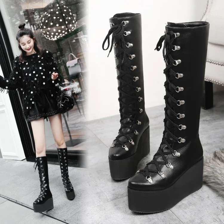 

US4-13 Womens Wedge Knee High Boots Lace Up Platform Goth Punk Combat Military High Heel Black Strappy Retro Warm Plus Size