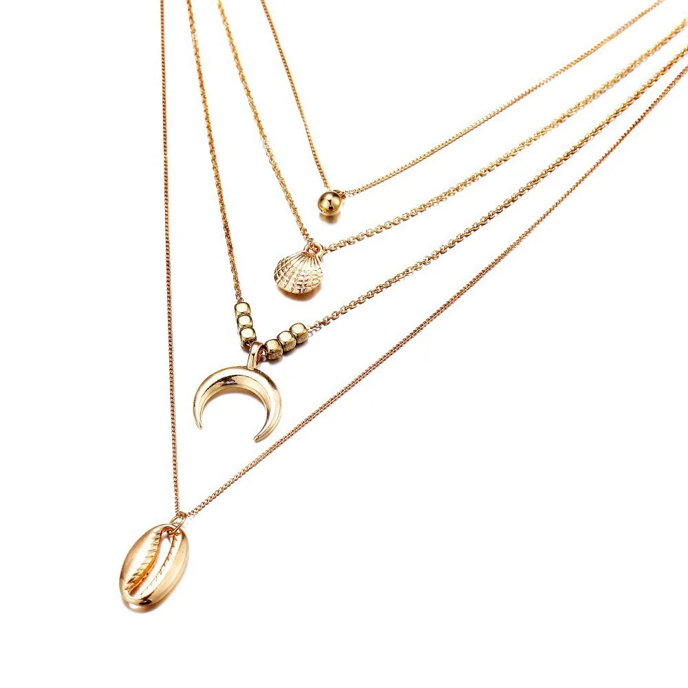 

Bohemian Gold Color Scallop Shell Pendants & Necklaces For Women Multilayer Moon Shape Choker Necklace Beach Jewelry A614