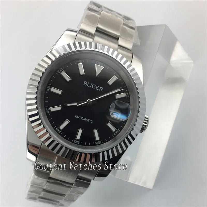 

Bliger 40mm Men Watch Black Dial Sliver Stainless Steel Strap Automatic Wristwatch W2891