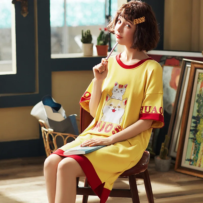 

Summer Cotton Plus Size Night Dress Women yellow Nighty Loose Size Night Gown Cute print Short sleeve Home Nightgown Nightdress