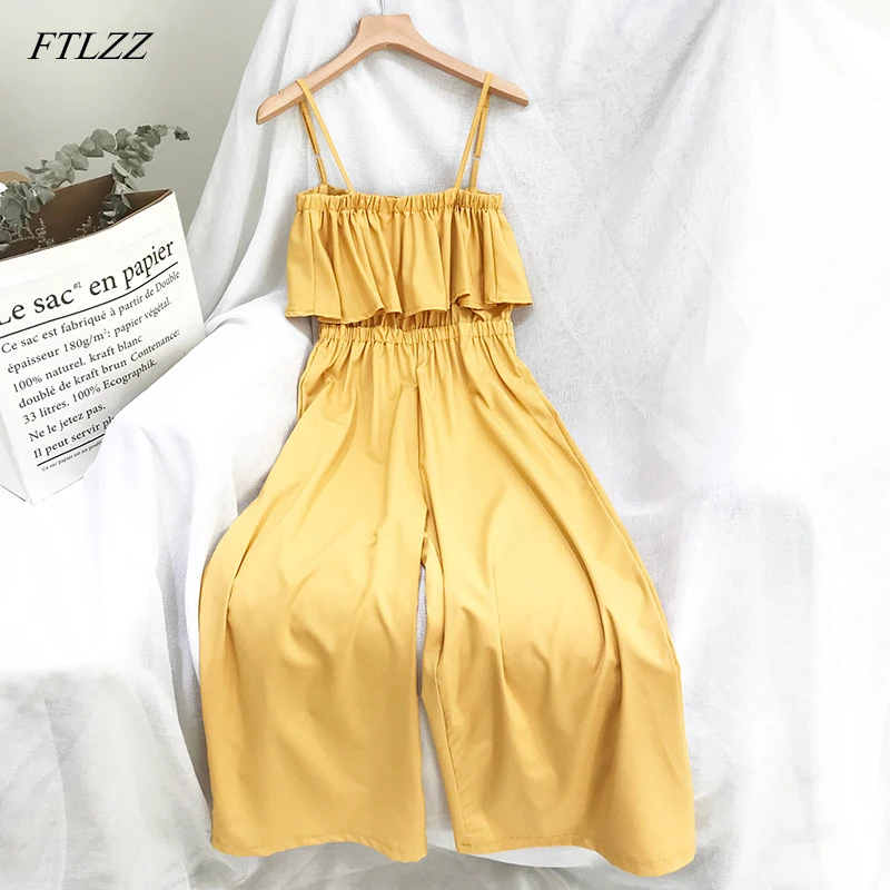 

FTLZZ 2019 New Women's Rompers Tube Top Strap Jumpsuit Summer Loose High Waist Wide Leg Sleeveless Jumpsuits