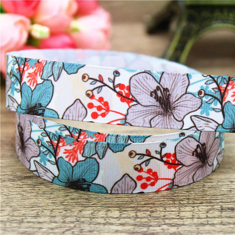 DHK 7/8'' Flowers Cherry Printed Grosgrain Ribbon Accessory Material Headwear DIY Decoration 22mm S759