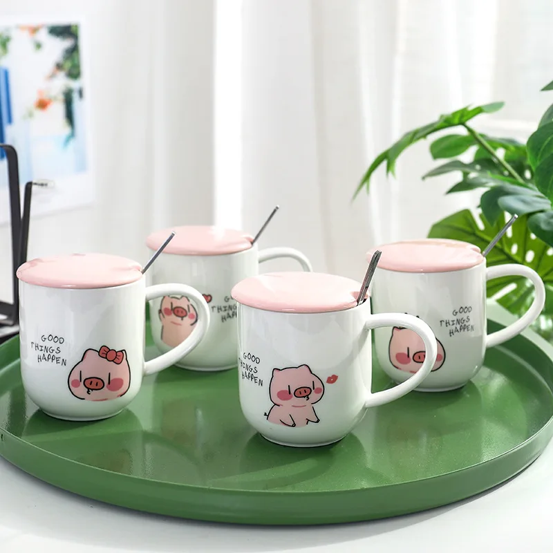 400ml Cute cartoon pink pig ceramic mug with lid spoon,Porcelain Mugs Personality Ceramic Coffee Cup Fun TeaCup Drinkware