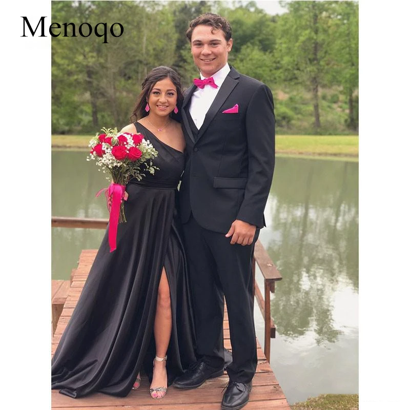 

One Shoulder Black Evening Dresses Simple Long High Leg Slit Backless Straps Evening Party Dress avondjurken