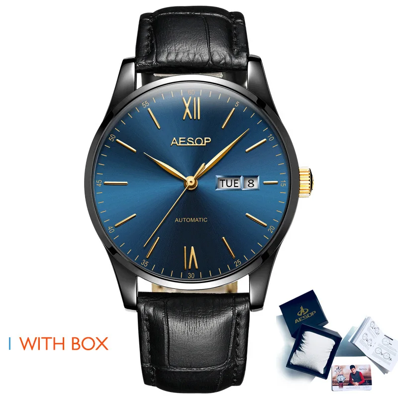 AESOP ультра тонкие золотые часы для мужчин автоматические механические мужские наручные часы наручные кожаные мужские часы Relogio Masculino - Цвет: Blue black Box