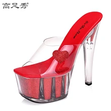 Sexy Heels 16cm Waterproof Taiwan Slippers Crystal High-heeled Shoes Transparent Thick Soled Shoe Wedding femal Plus-size 35-43