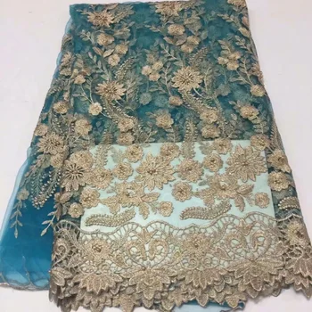 

Blue Gold Lace Fabric 2019 African Tulle Lace fabric Gold Line High Quality With 3D Flowers Beads Lace Fabric For Dress