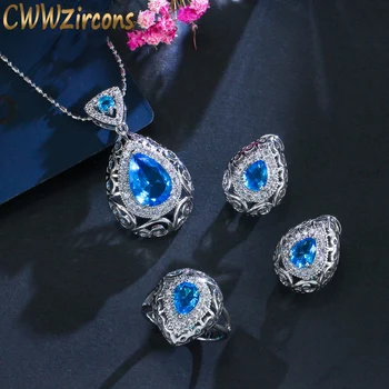 

CWWZircons Fashion Water Drop Shape Necklace Earring Ring Light Blue Austrian Crystal Women Jewelry Set With Zircon Stones T266