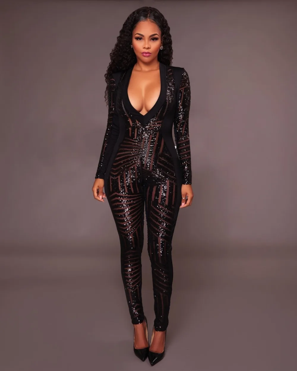 

AHVIT Glitter Sequined Mesh Patchwork See Through Jumpsuits Deep V Neck Full Sleeve Skinny Party Romper Sexy Catsuit CM252