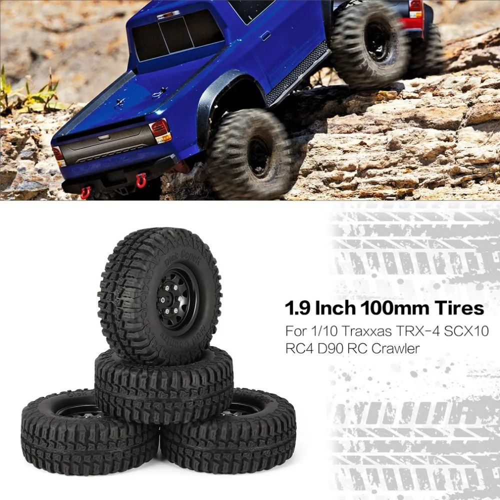 4Pcs 1.9 Inch 100mm Rubber Tires with Metal Wheel Rim Set for 1/10 Traxxas TRX-4 SCX10 RC4 D90 RC Crawler Car Toys Tire Part 4Pcs 1.9 Inch 100mm Rubber Tires with Metal Wheel Rim Set for 1/10 Traxxas TRX-4 SCX10 RC4 D90 RC Crawler Car Toys Tire Part
