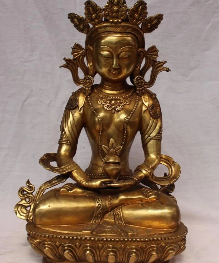 

18" Marked Chinese Tibetan Buddhism Bronze Gilt Amitayus Buddha Long Life statue