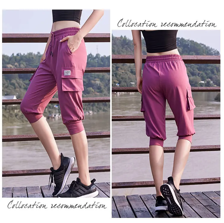 Loose large pocket yoga running fitness casual sports pants women's cropped trousers quick-drying