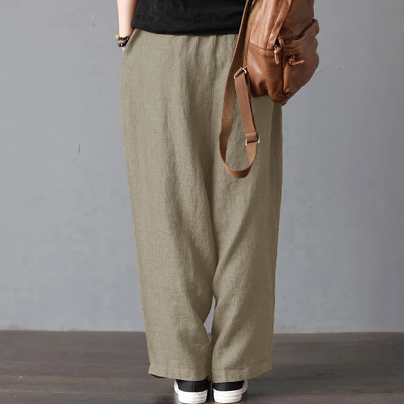 S-5XL Women Fashion Loose Long Pants Cotton Linen Solid Wide Leg Pants With Pockets Ladies Casual Summer Autumn Baggy Trousers