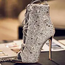 Gold Champagne Crystal Embellished Ankle Boots Peep Toe Lace-up Gladiator Sandal Boots For Women Thin Heels Dress Shoes Big Size Gold Champagne Crystal Embellished Ankle Boots Peep Toe Lace-up Gladiator Sandal Boots For Women Thin Heels Dress Shoes Big Size