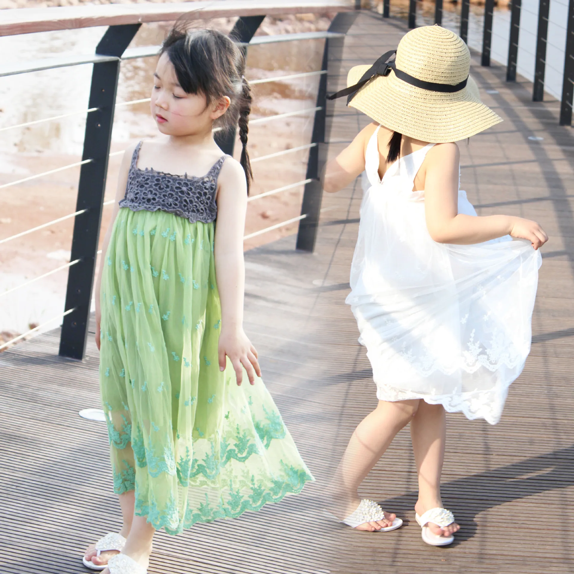 

Cuhk Girls Summer Bud Silk Gauze Elegant  Dresses Children Baby Sling Beach Length Dress Bohemian