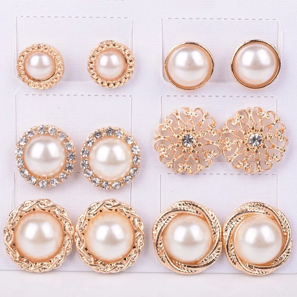 

6 pairs / batch fashion retro charm jewelry gold round semi-simulated pearl flower earrings female