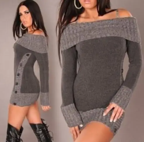 New Winter Sweater Women Sexy Off Shoulder Color Block Sweater Dress Buttons Knitted Long Pullover Top sweater women 