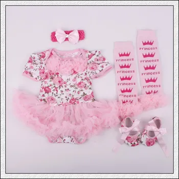 

4PCs per Set Infant Lace Romper Flowers Baby Girls Floral Print Tutu Dress Headband Shoes Leggings for 0-12months Free Shipping